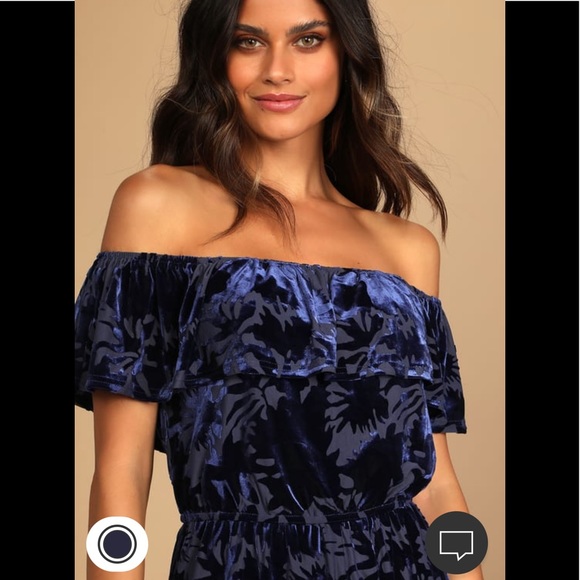Lulus Navy Blue Burnout Velvet Off-Shoulder Romper - Picture 3 of 4